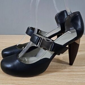 Omelle Italian Mary Jane Wood Heels Womens Eu 37 Black Leather Pump